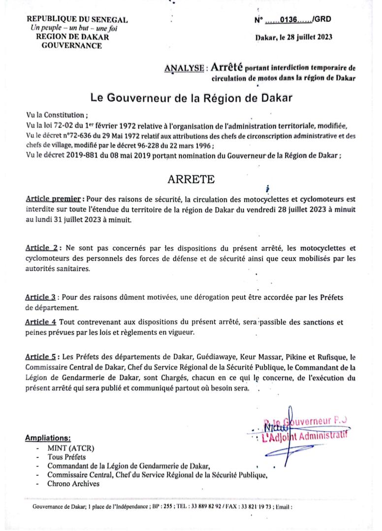 Arrêté du Gouverneur de Dakar: Interdiction temporaire de circulation des motos dans la région de Dakar, du vendredi 28 au lundi 31 juillet 2023, à mimuit