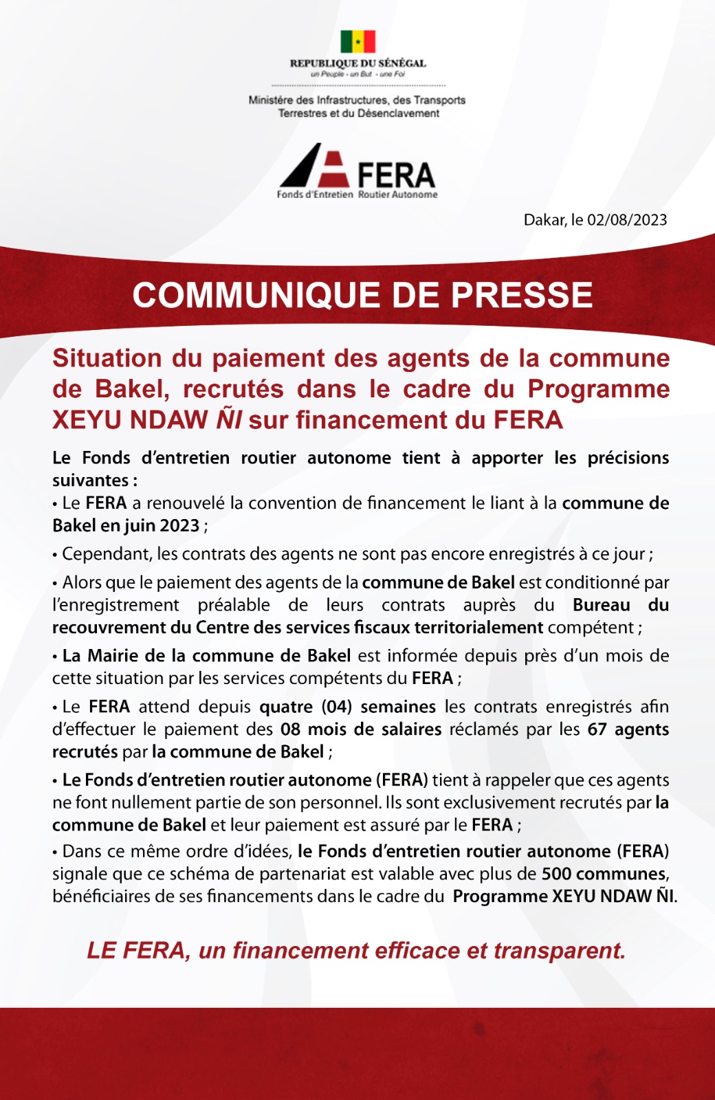 Réclamation des agents de la Commune de Bakel: Le Fera attend les contrats enregistrés, pour le paiement des 8 mois de salaires réclamés