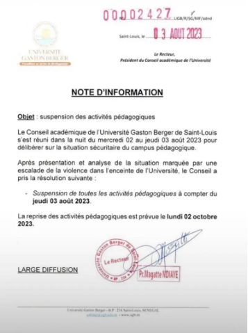UGB : Suspension des activités pédagogiques jusqu’au 2 octobre prochain