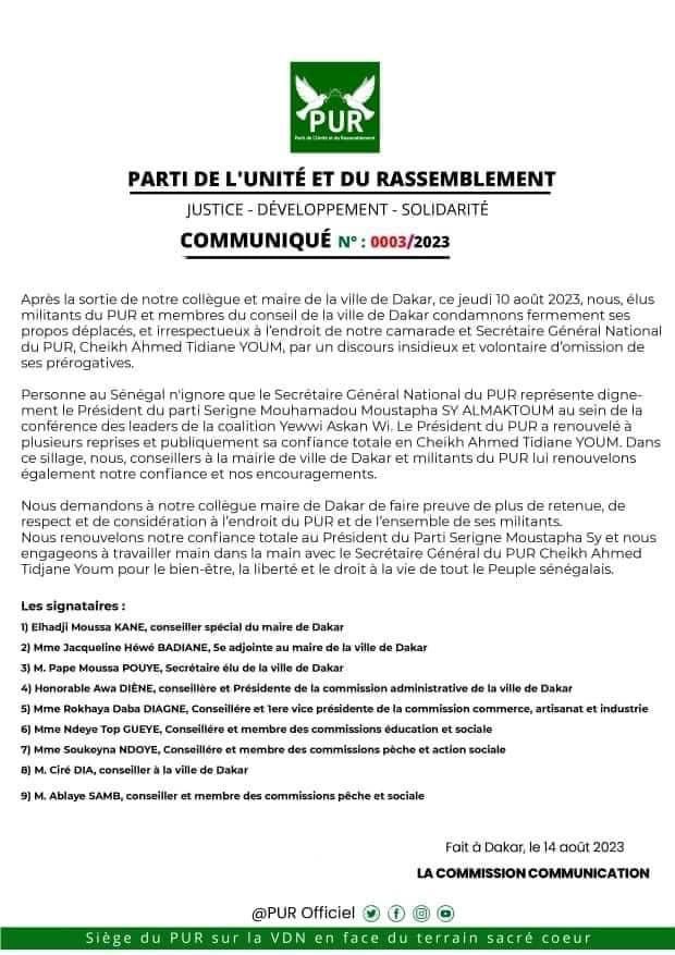 Les Conseillers du Pur condamnent les "propos déplacés et irrespectueux" de Barthélémy Dias envers Cheikh Ahmed Tidiane Youm