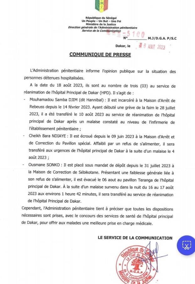 Situation des détenus hospitalisés: L’administration pénitentiaire s’explique et précise...