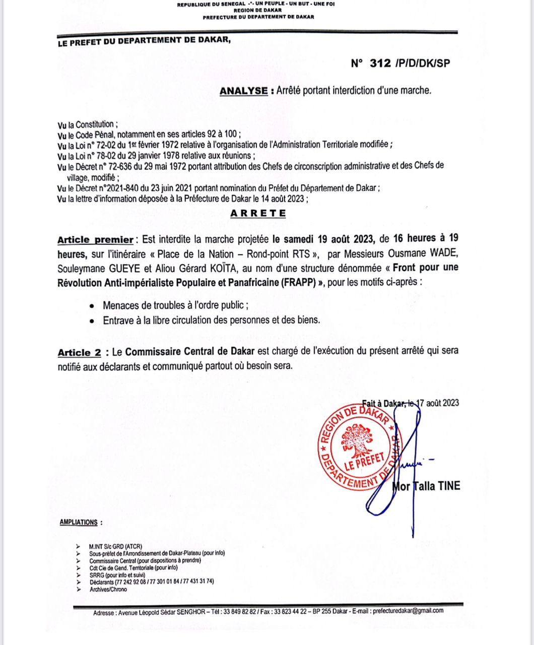 Le Préfet de Dakar interdit la marche de Frapp