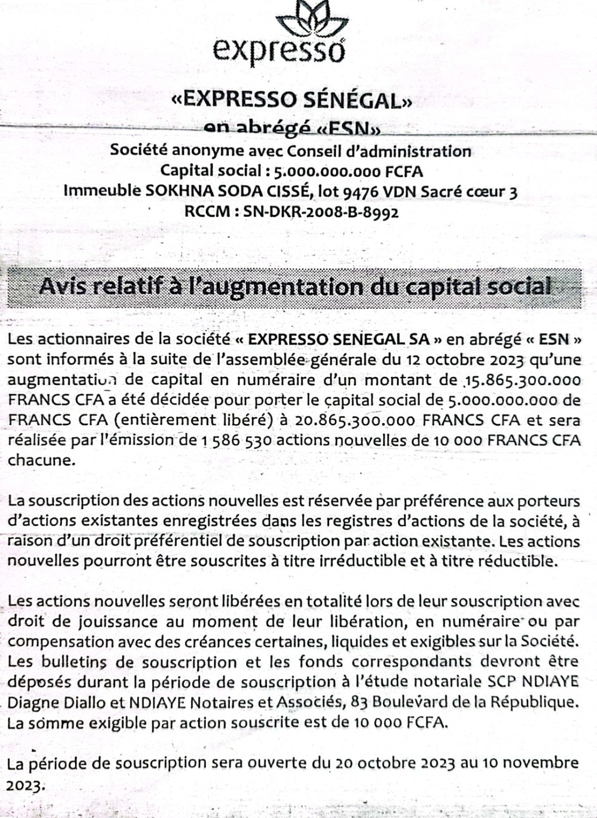 Télécommunications : Expresso Sénégal lance un avis relatif à l'augmentation du capital social, qui sera portée à 5 milliards FCfa