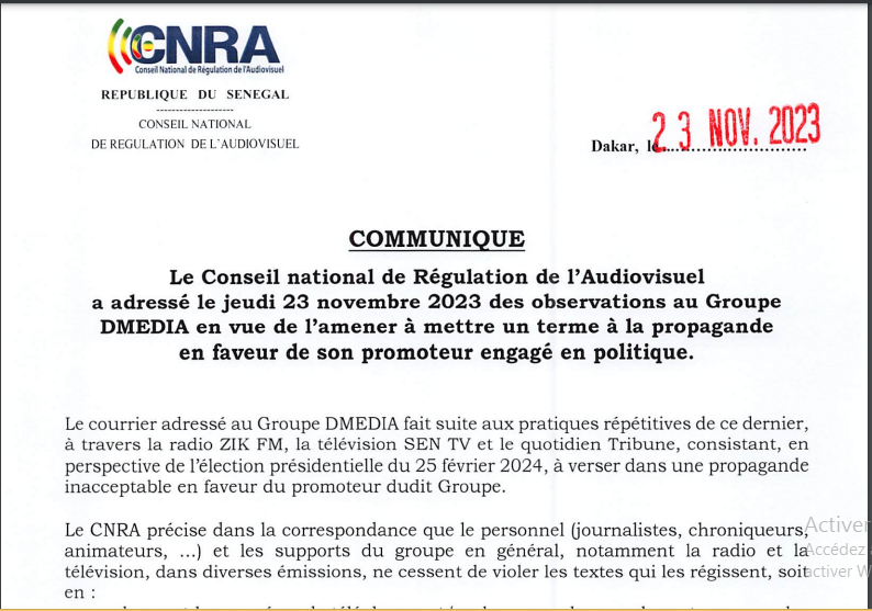 Groupe DMEDIA: Le CNRA adresse des observations et instruit à mettre un terme à la propagande en faveur de...