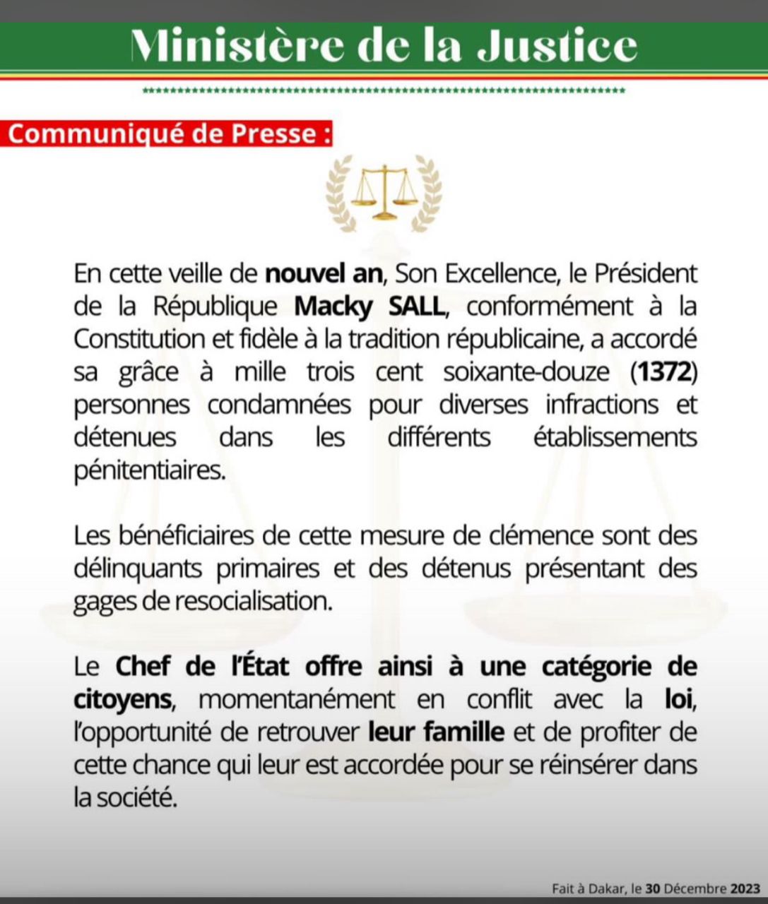 Nouvel an : 1 372 détenus graciés par le Président Macky Sall
