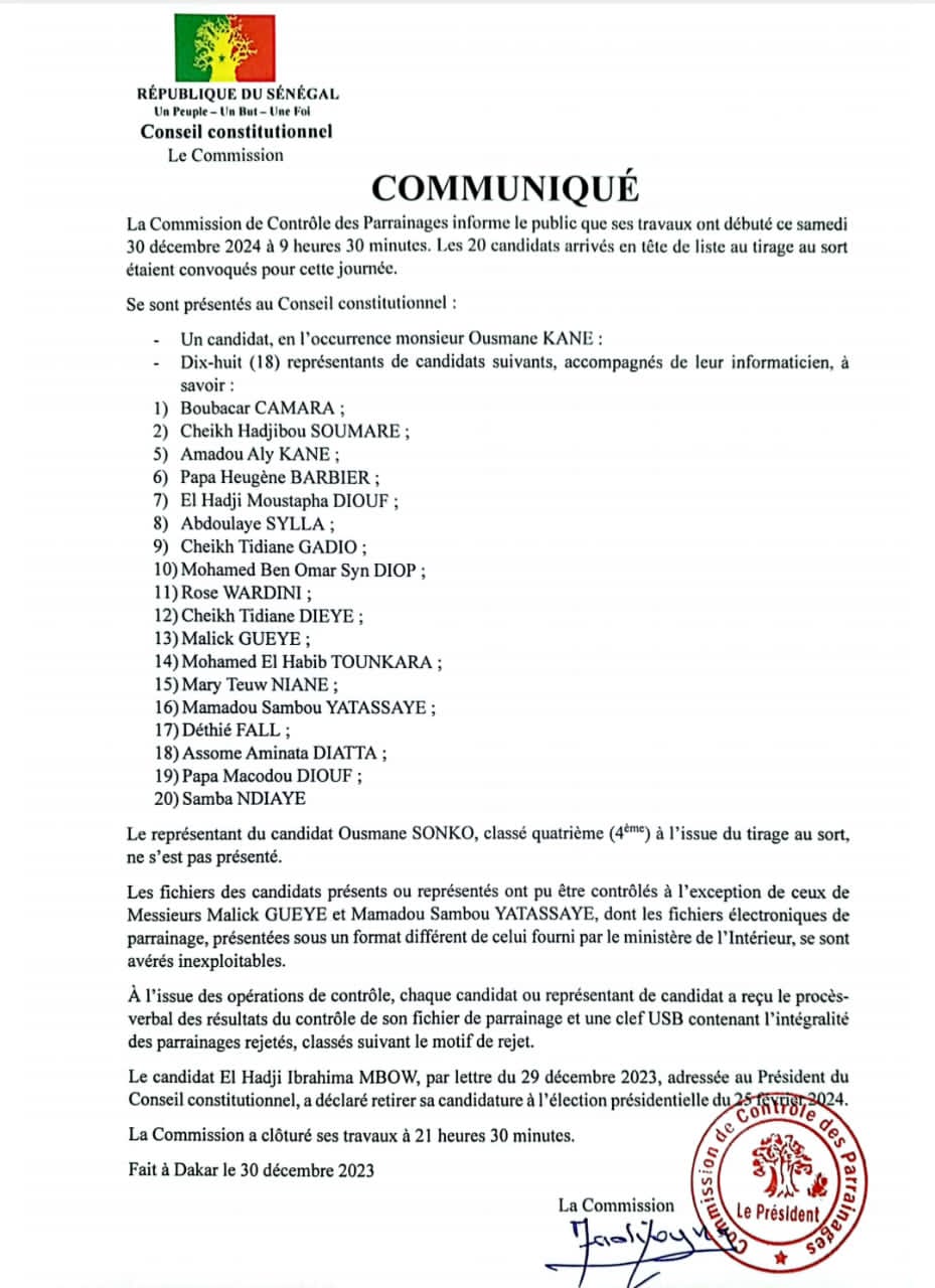 Contrôle des parrainages des candidats: Les détails du communiqué du Conseil constitutionnel