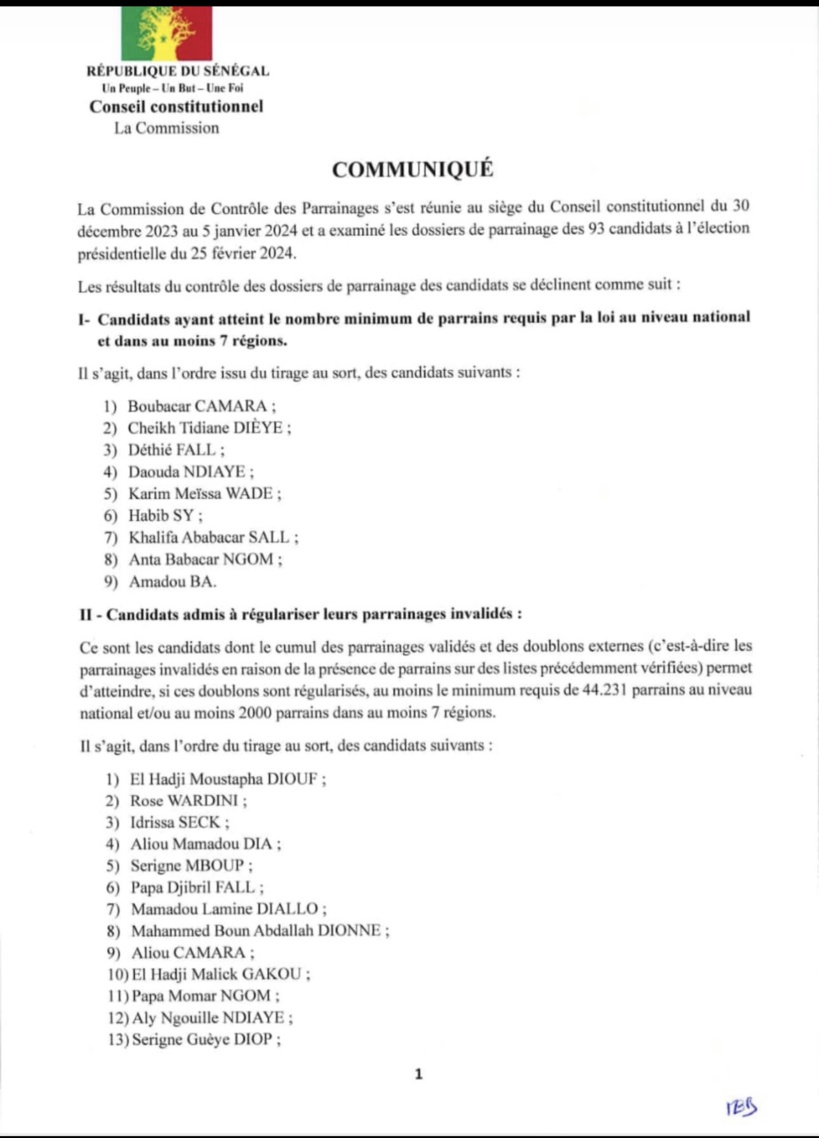 Conseil constitutionnel: Les résultats de la première phase du contrôle des dossiers de parrainage, publiés