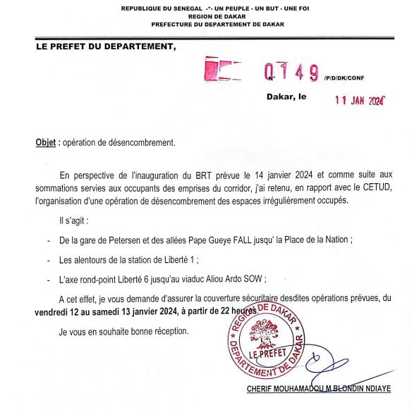 Inauguration du Brt: Une opération de désencombrement prévue à Dakar, à partir de ce vendredi