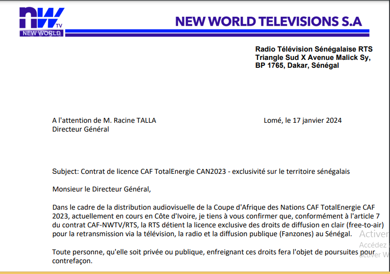 CAN2023 / Exclusivité des Fanzones détenue par la Rts: Un courrier de NWTV met fin à ce débat