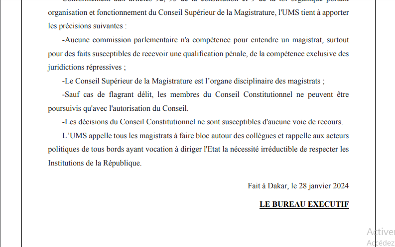 Accusation contre le Conseil constitutionnel: L’Union des Magistrats tape sur la table et rappelle à l’ordre les politiques