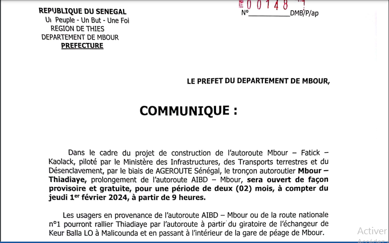 Pour une période de deux mois: Le troncon Mbour-Kaolack sera ouvert de facon provisoire et gratuite