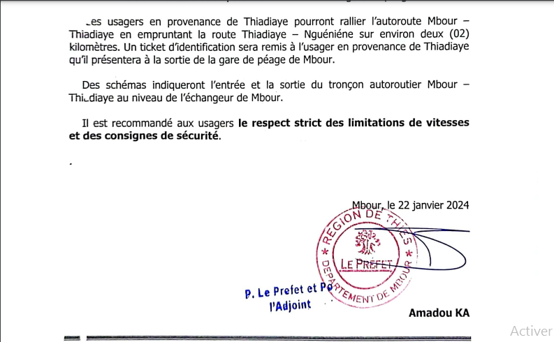 Pour une période de deux mois: Le troncon Mbour-Kaolack sera ouvert de facon provisoire et gratuite