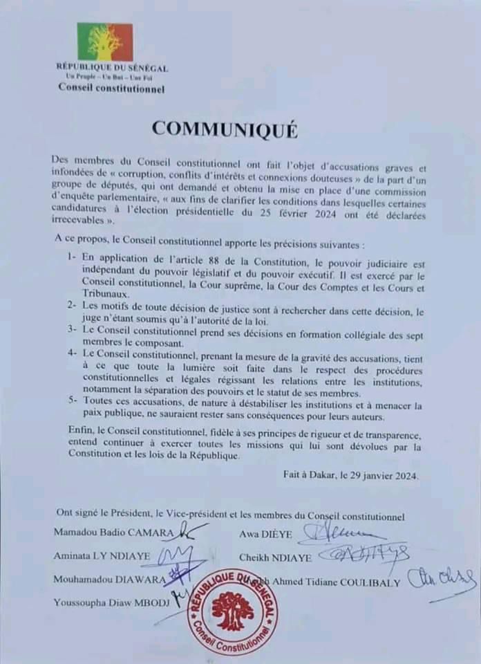 Soupçons de « corruption » au Conseil constitutionnel: Les précisions des 7 sages