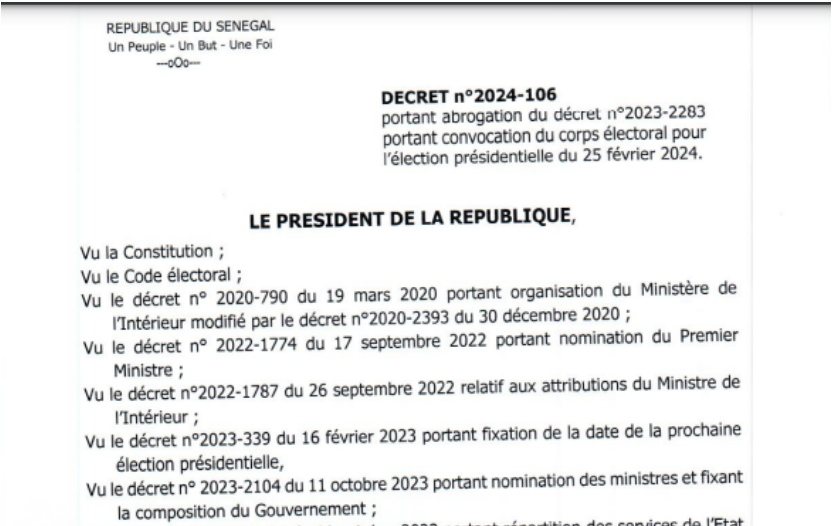 Décret abrogeant la convocation du corps électoral et contresigné par Amadou Ba