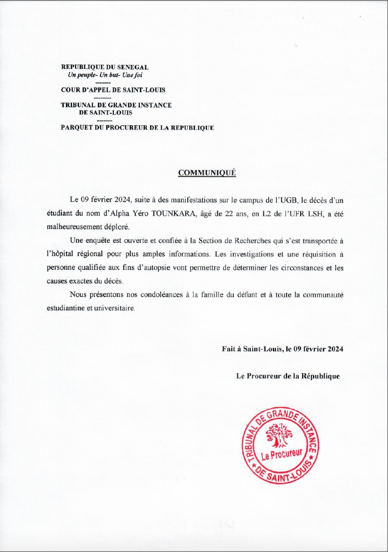 Décès de l’étudiant Alpha Yéro Tounkara:  Le procureur de Saint Louis annonce l’ouverture d’une enquête