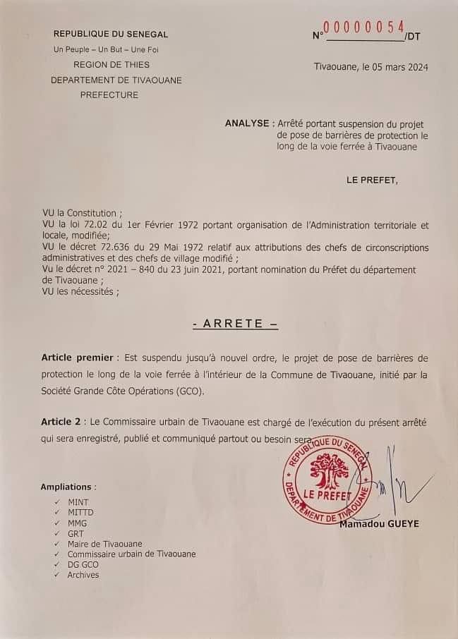 Le Préfet de Tivaouane suspend le projet de pose de protection barrières le long de la voie ferrée par GCO.