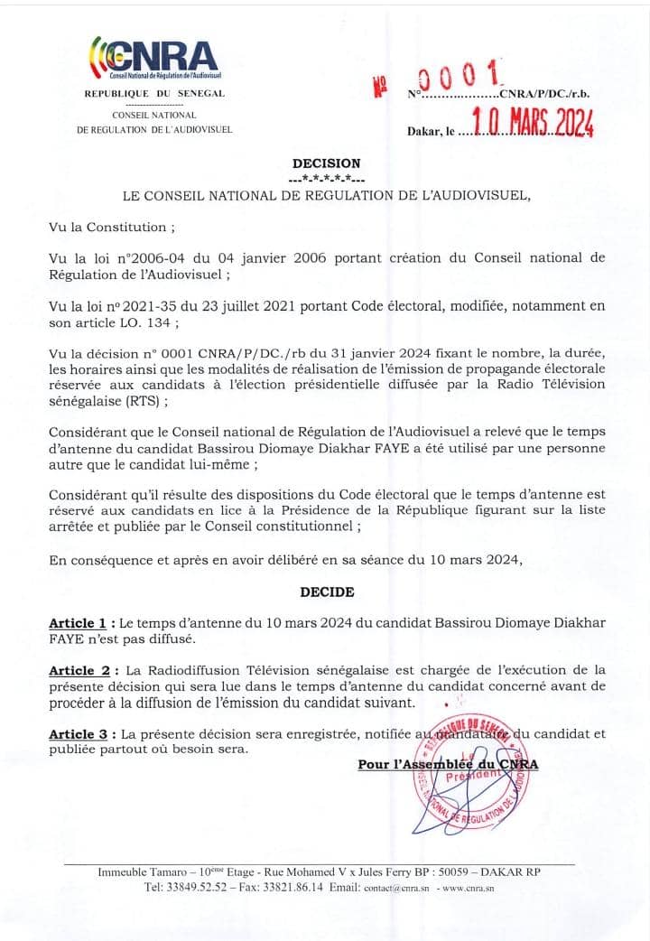 Diffusion du temps d’antenne à la Rts: Le Cnra censure Diomaye Faye...