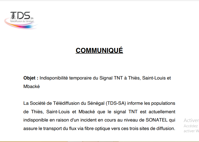Suite à un incident en cours au niveau de la Sonatel : Le signal TNT est actuellement indisponible sur Thiès, Saint-Louis et Mbacké 