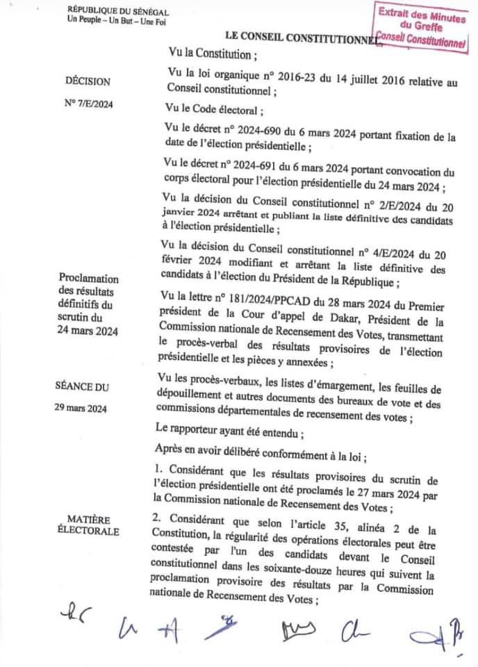 Election présidentielle du 24 mars 2024: Les résultats donnés par le Conseil constitutionnel, confirment la victoire de Bassirou Diomaye Faye