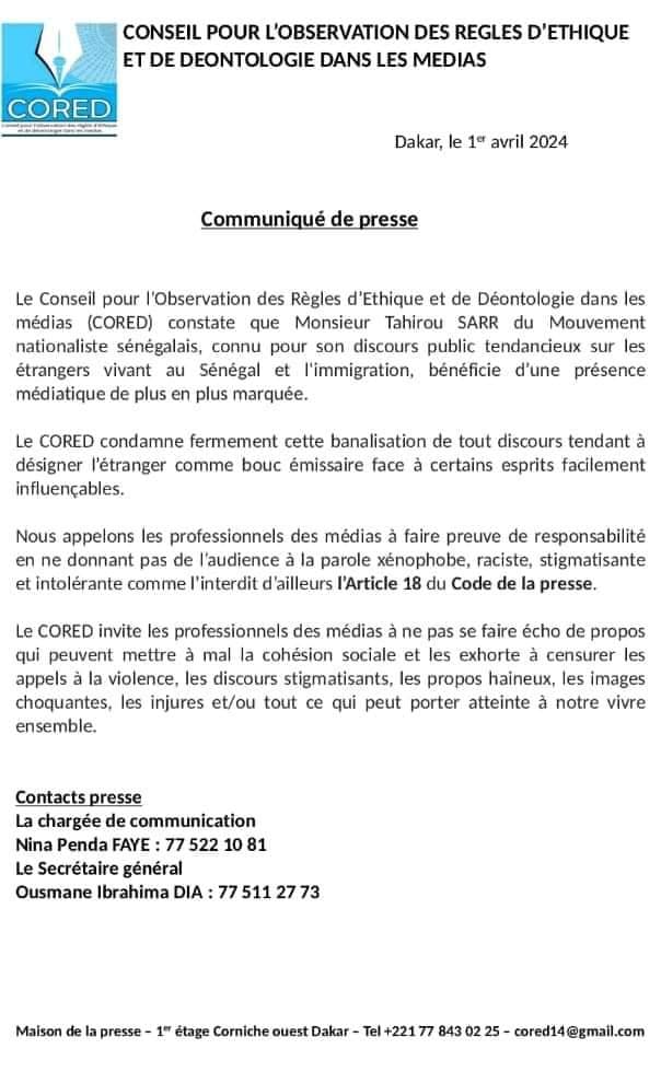 Propos tendancieux de Tahirou Sarr: Le CORED s'indigne et met en garde les professionnels des médias