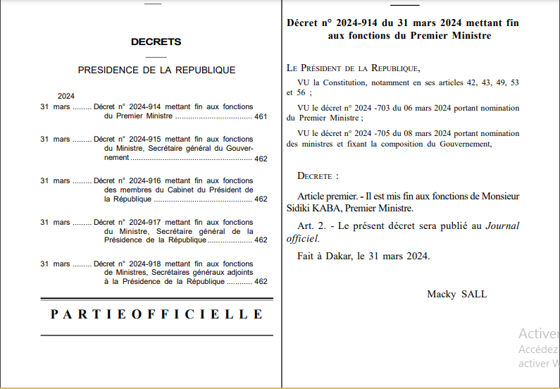 Gouvernement : Le décret mettant fin aux fonctions du Premier Ministre...publié