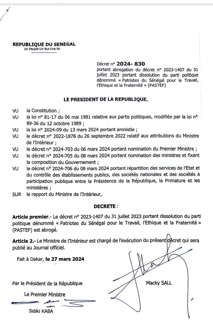 Le décret portant dissolution du Pastef abrogé (Document)