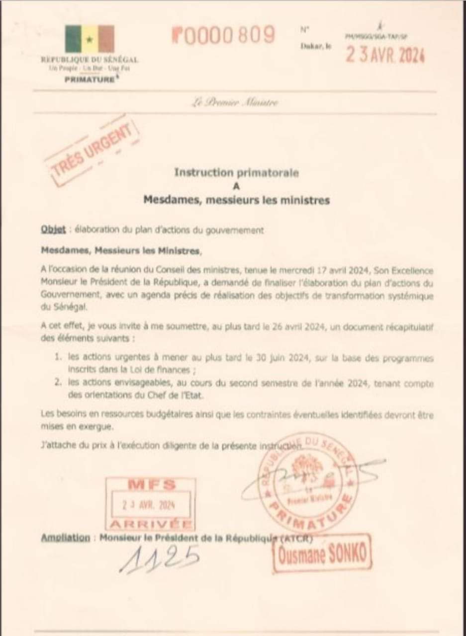 Le Premier Ministre Ousmane Sonko envoie des instructions estampillées « très urgent » à tous les membres du gouvernement