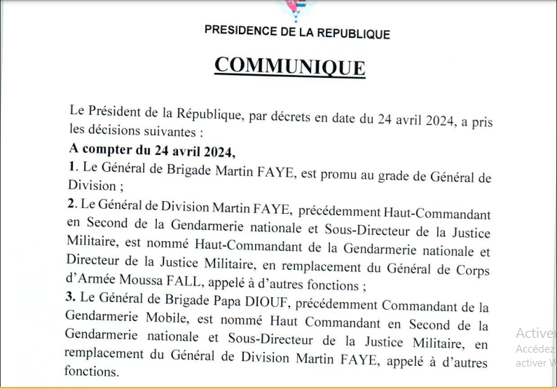 Réaménagement au sommet de la Gendarmerie: Le Général de Division Martin Faye, est nommé Haut Commandant de la Gendarmerie nationale et Directeur de la Justice Militaire