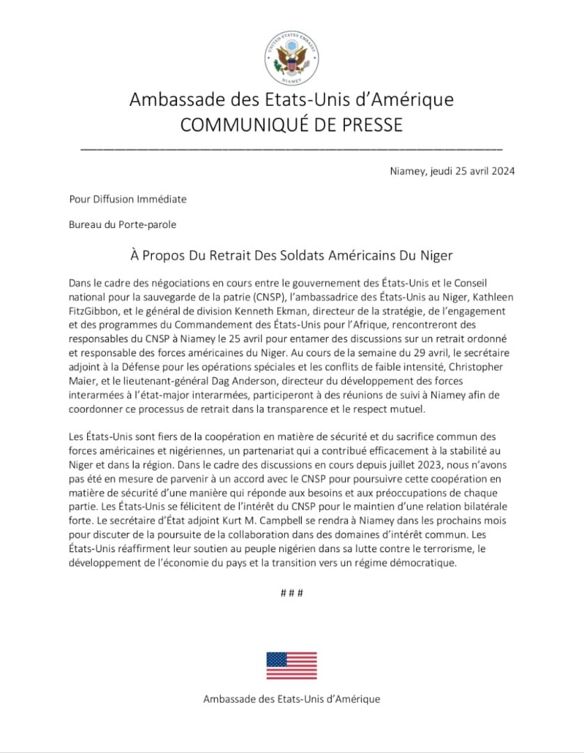 Retrait des soldats américains: Les États-Unis ont entamé des discussions avec Niamey