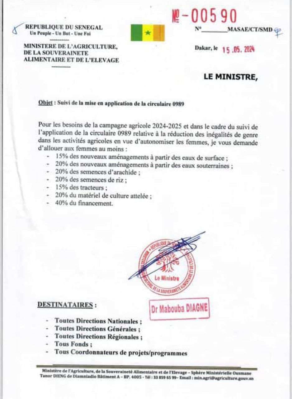 Campagne agricole 2024-2025: Suivi de la mise en application de la circulaire 0989