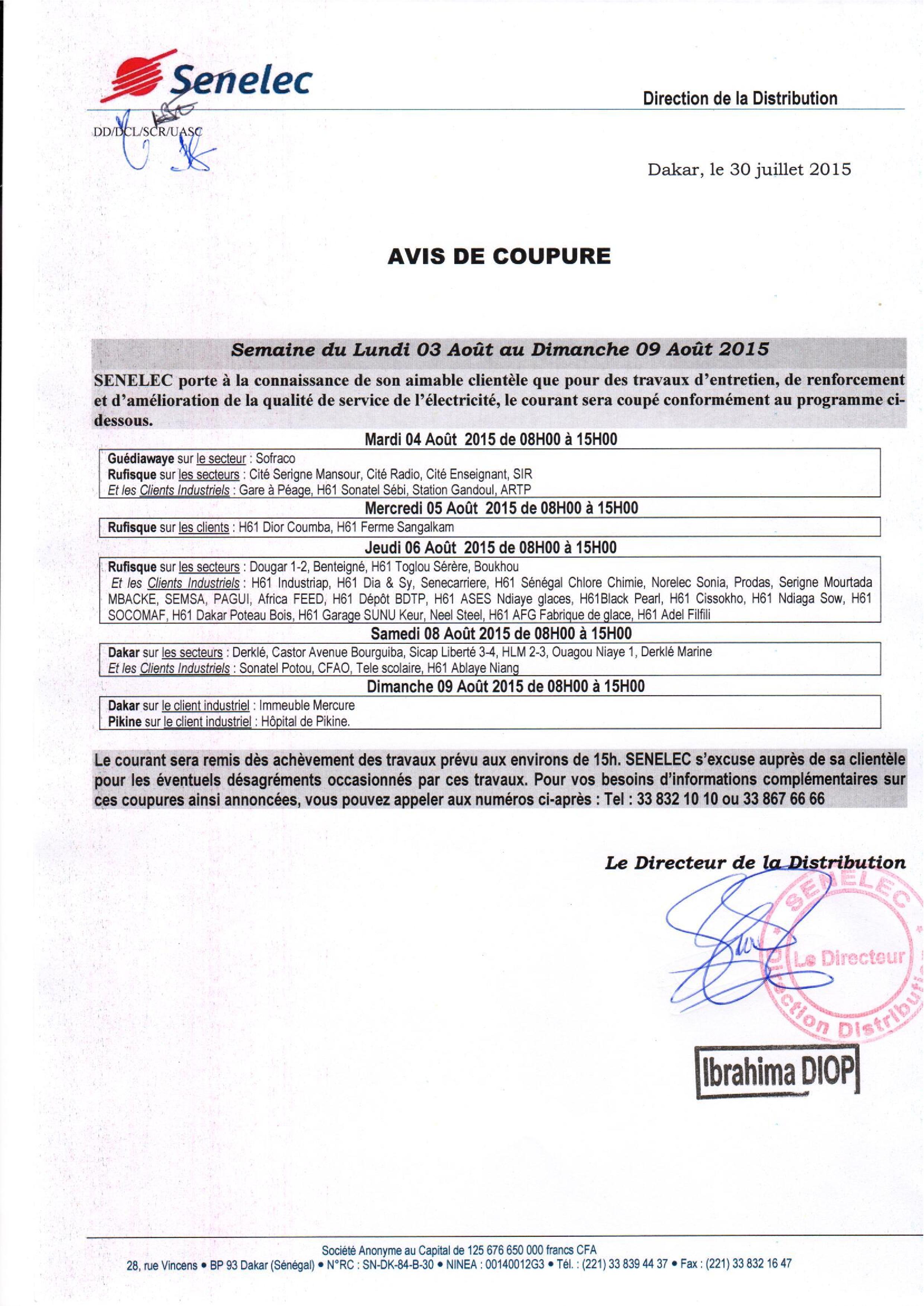 Avis de coupure du 03 au 09 aout 2015