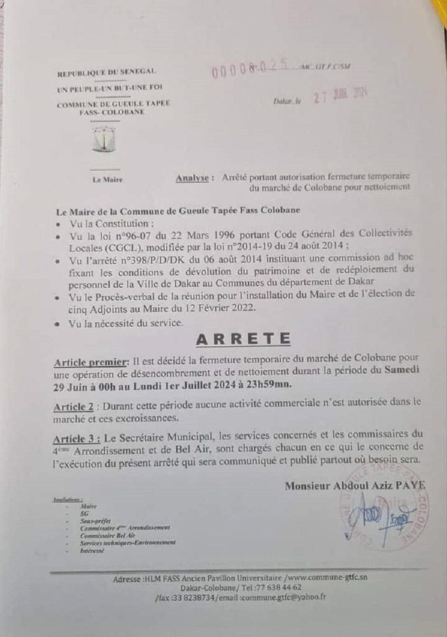 Assainissement : Sur décision du Maire, le marché de Colobane en pause d’activité jusqu’au Mardi