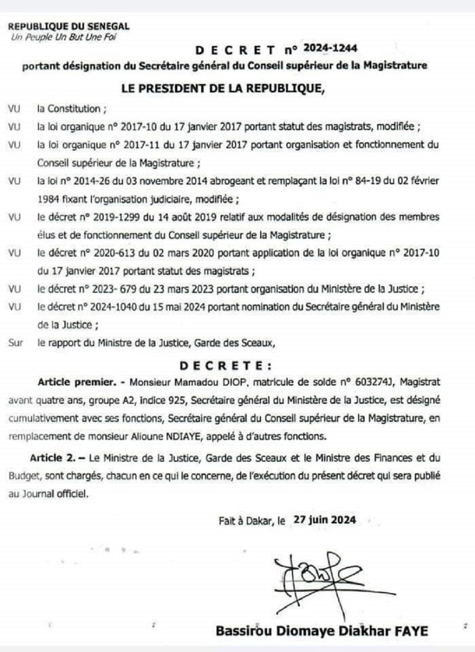 Conseil Supérieur de la Magistrature : Le magistrat Mamadou Diop en devient le nouveau Secrétaire général