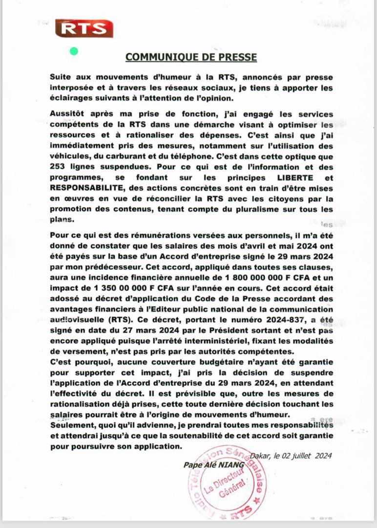 RTS : Le DG Pape Alé Niang clarifie la situation (Communiqué)
