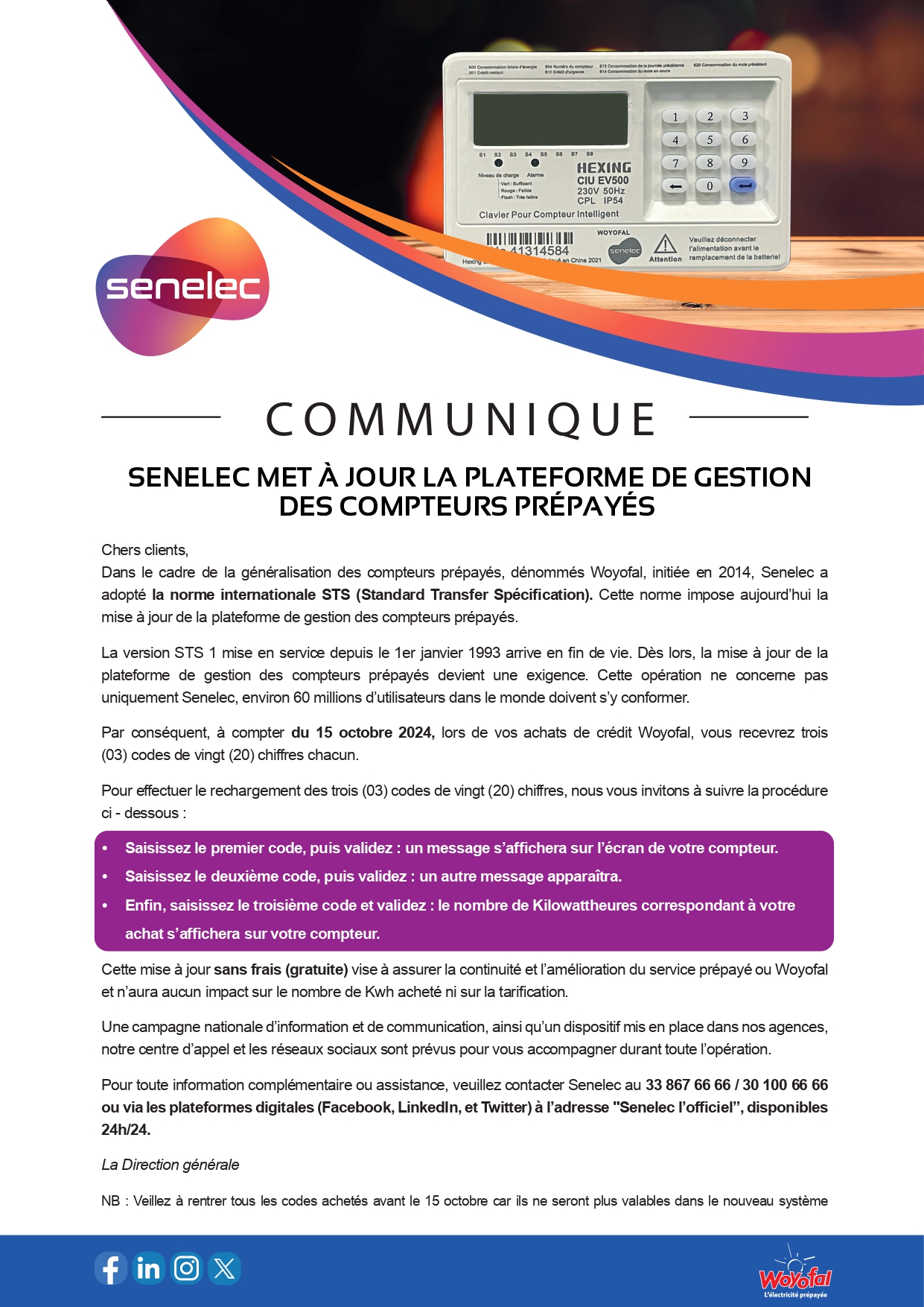 La Sénélec met à jour la plateforme de gestion des compteurs prépayés La Sénélec met à jour la plateforme de gestion des compteurs prépayés