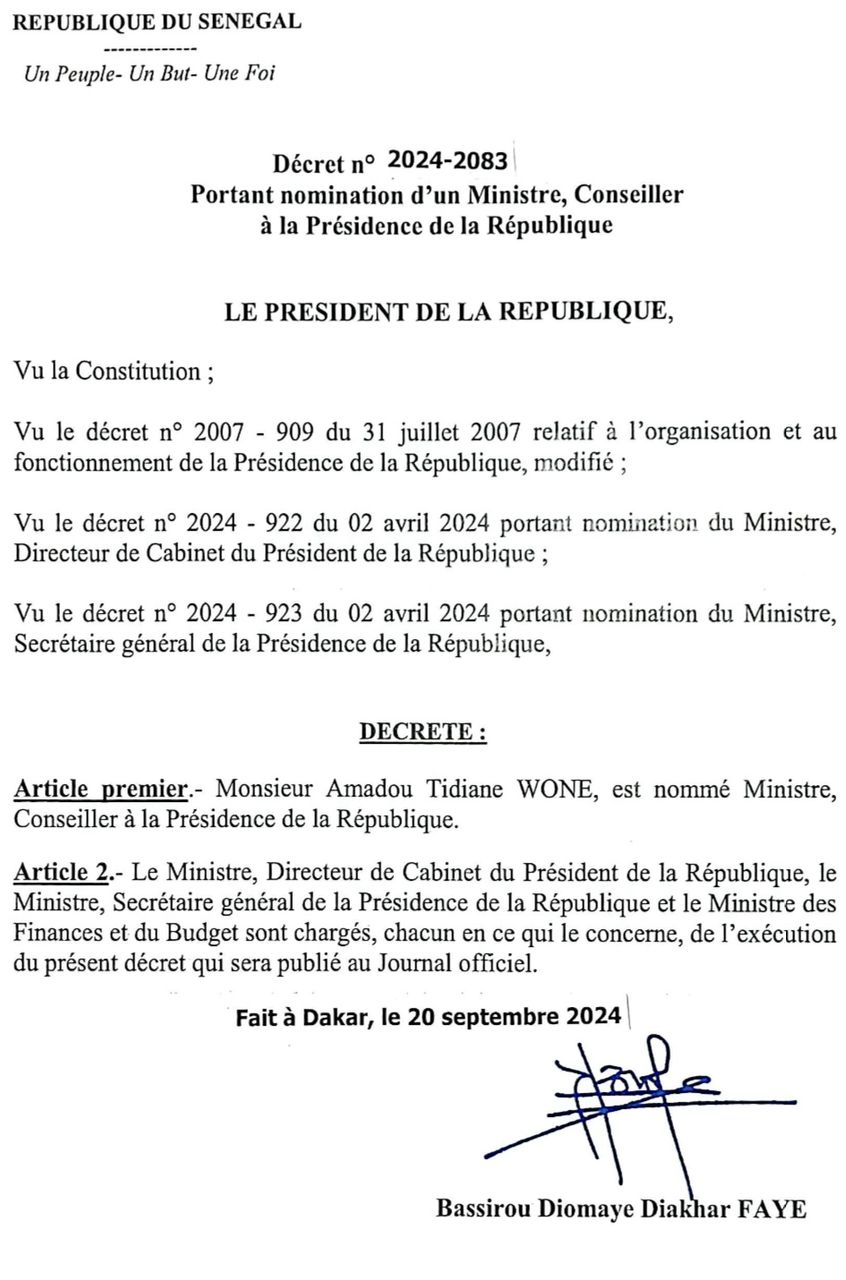 Présidence de la République: Amadou Tidiane Wone nommé ministre-Conseiller