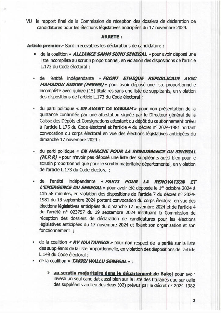 Législatives 2024 : L’arrêté ministériel qui dresse la liste validée ou invalidée des participants