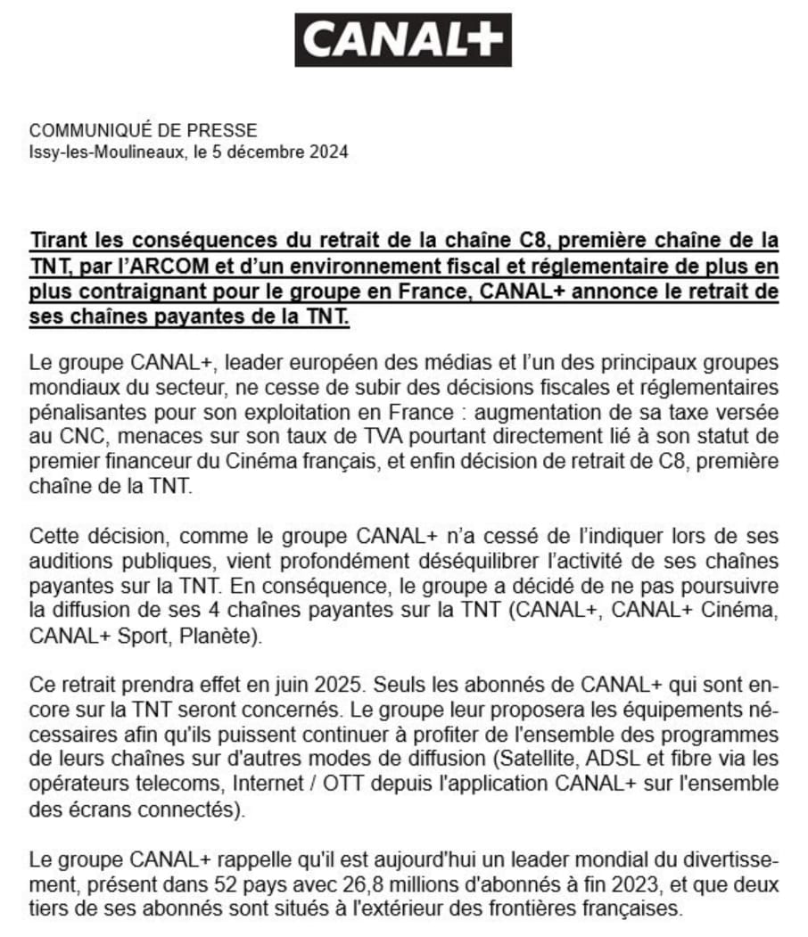Canal+ annonce le retrait de ses chaînes payantes de la TNT