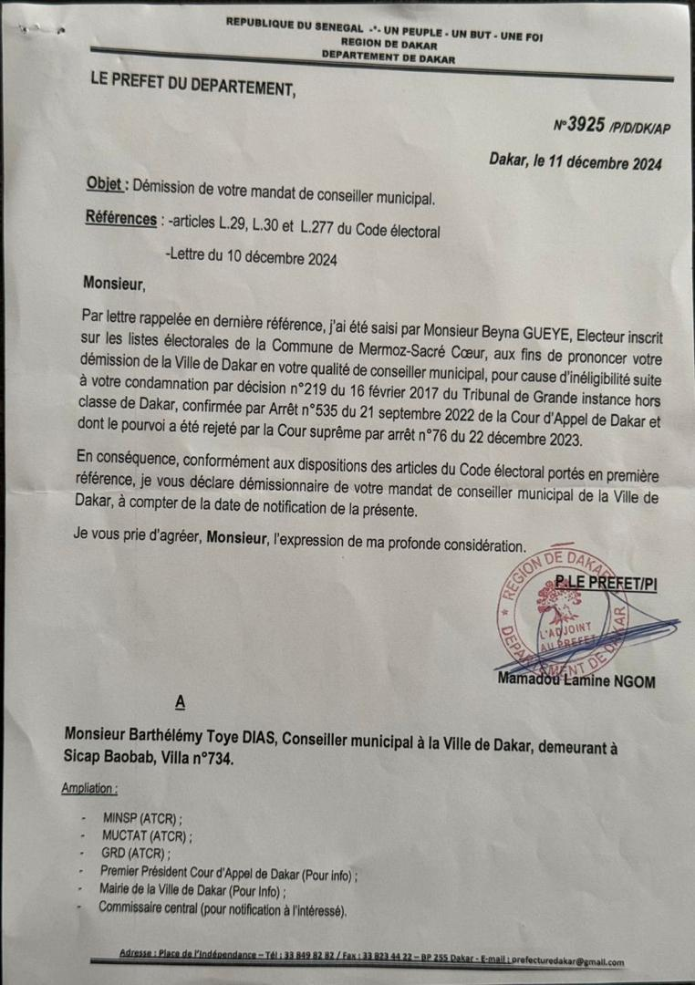 Barthélémy Dias notifié de sa démission : Une perte imminente de son poste de maire de Dakar