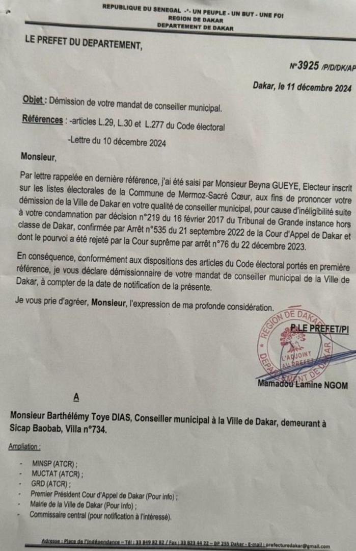 Notification de révocation du mandat de maire de Dakar de Barth : Le préfet déclare démissionnaire, le maire de Dakar