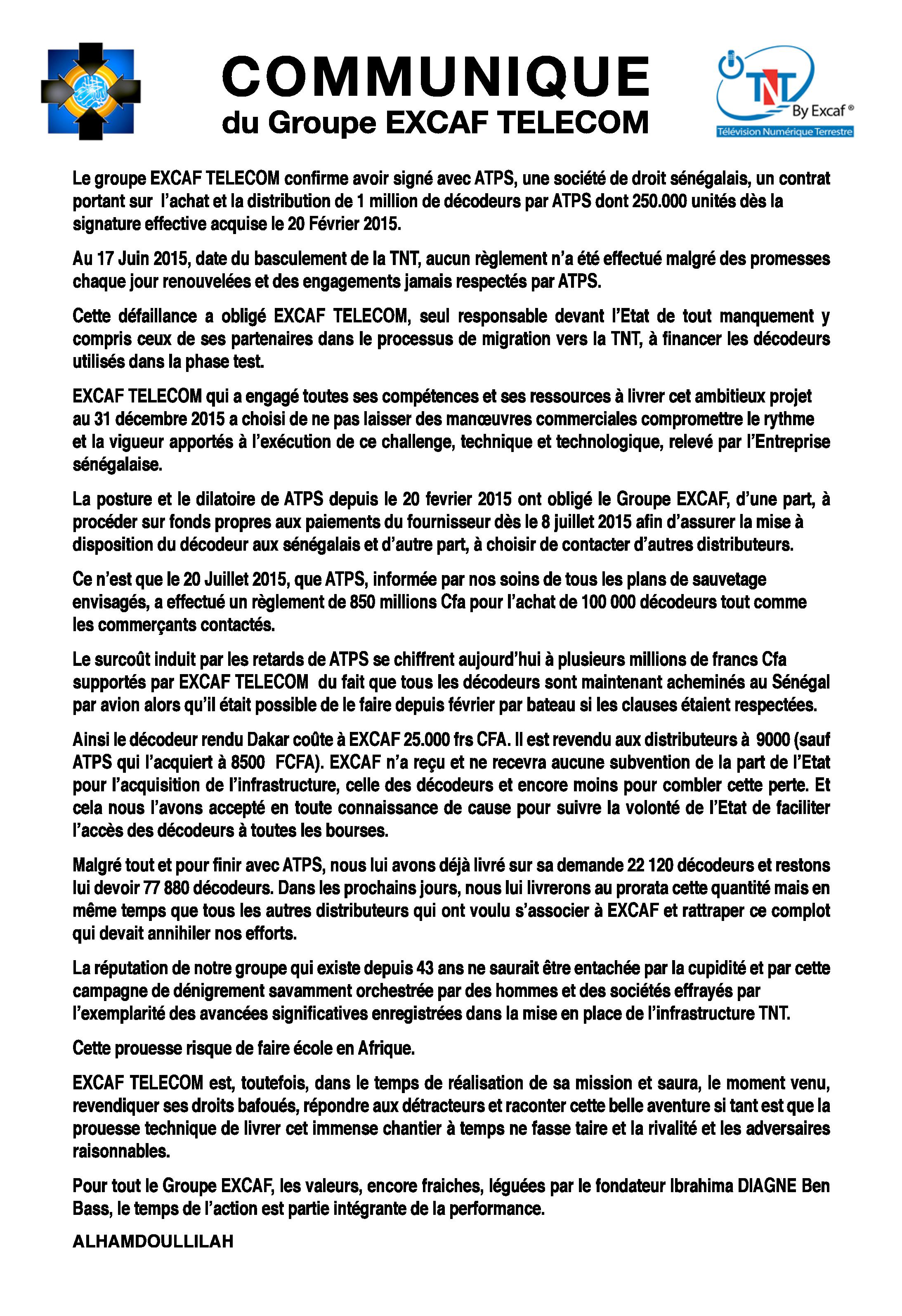 ACHAT ET DISTRIBUTION DE DÉCODEURS TNT : EXCAF confirme avoir signé avec ATPS qui n'a pas respecté ses engagements