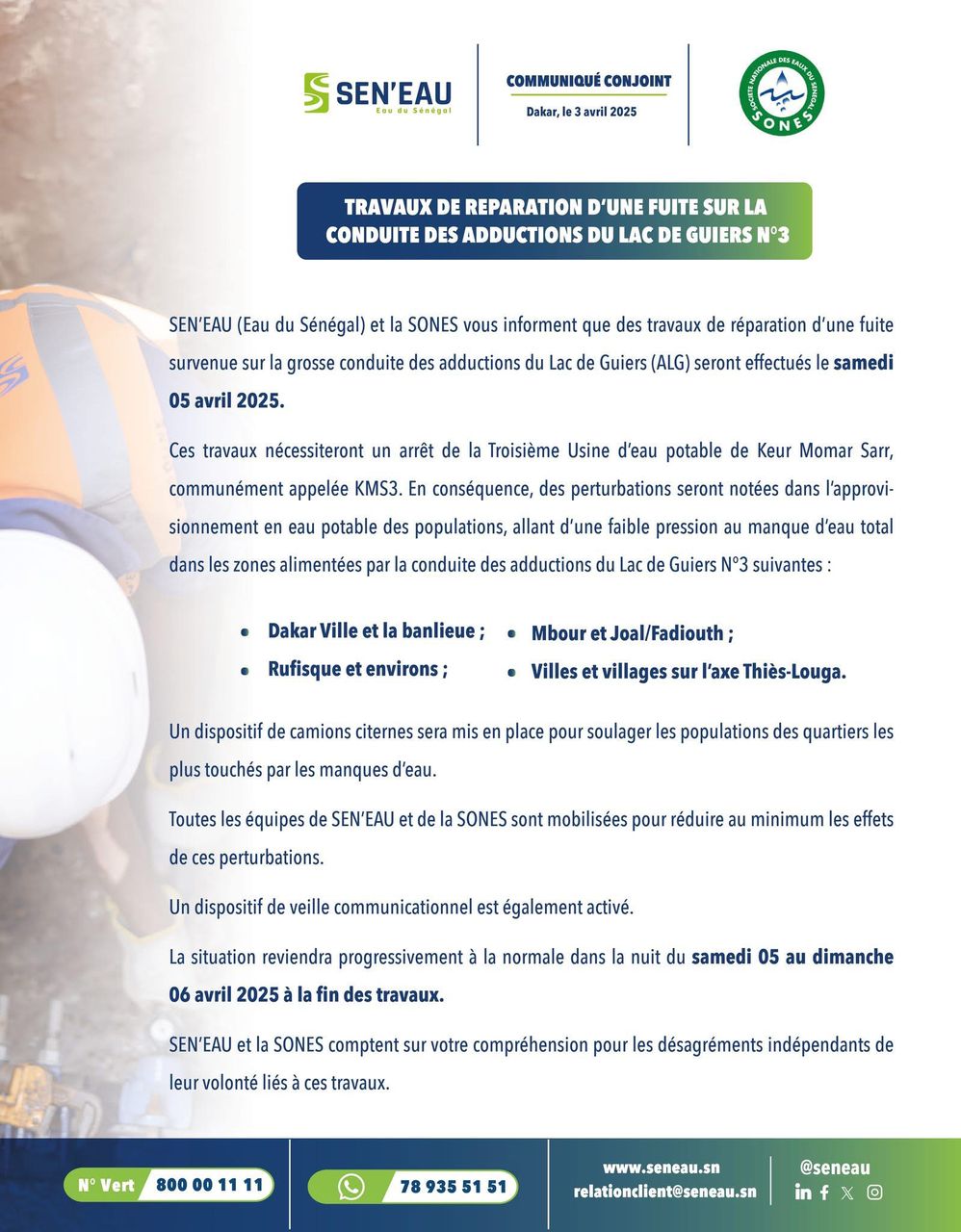 SEN'EAU et SONES annoncent des perturbations dans l'approvisionnement en eau, le 5 avril 2025 (Document)