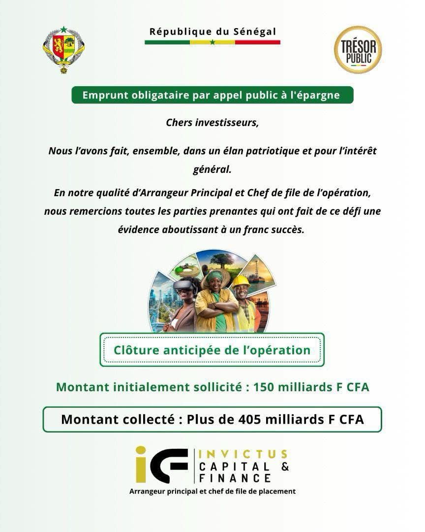 L’emprunt obligataire lancé par l’État du Sénégal, a été un véritable succès