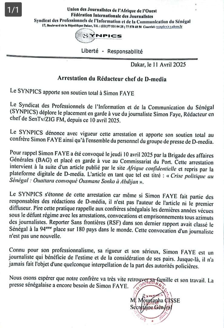 Arrestation du Rédacteur en Chef de D-Media : Le Synpics apporte son soutien total à Simon Faye