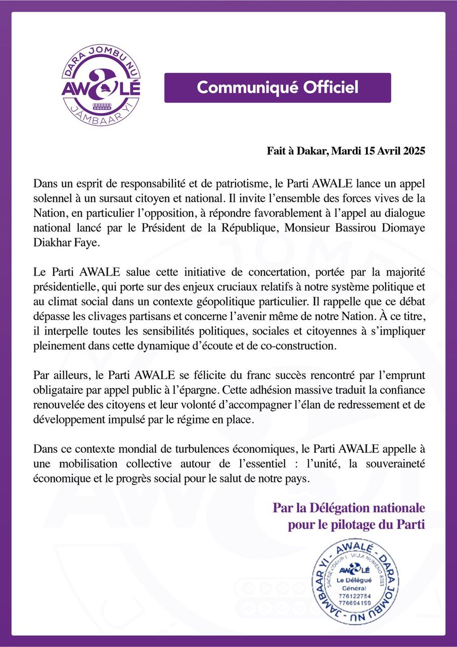Dialogue national: Le Parti AWALE salue l'initiative et lance un appel