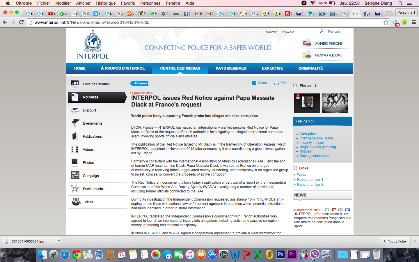 Corruption  à l'IAAF: Un avis de recherche international lancé par Interpol contre Papa Massata Diack