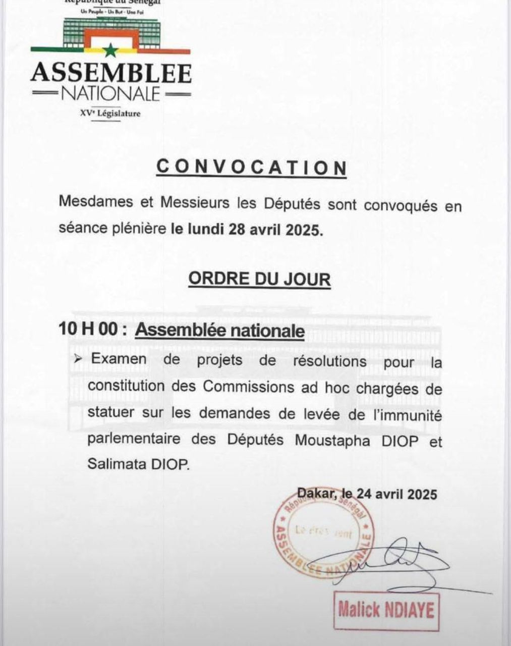 Levée de l’immunité parlementaire de Moustapha Diop et Salimata Diop : Les députés en séance plénière, le 28 avril prochain