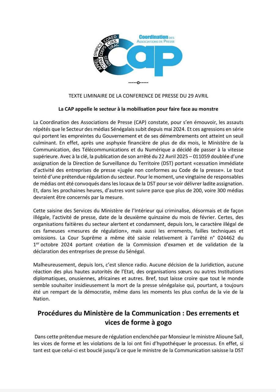 Fermeture des médias non conformes au Code de la Presse : La CAP appelle le secteur, à la mobilisation
