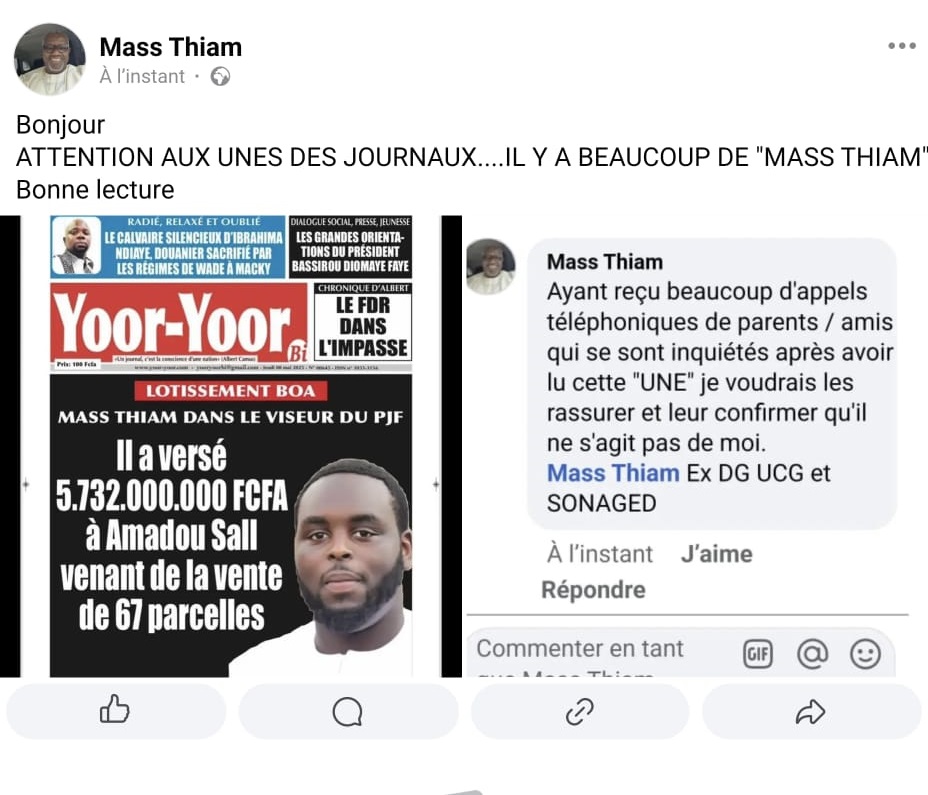 Affaire BOA I Clarification : Mass Thiam (UCG) n’est pas impliqué, il s’agit de Massamba Thiam