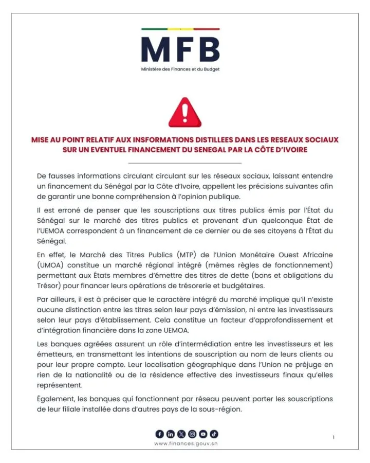 Supposé financement par la Côte d’Ivoire : Le ministère des Finances du Sénégal dément catégoriquement